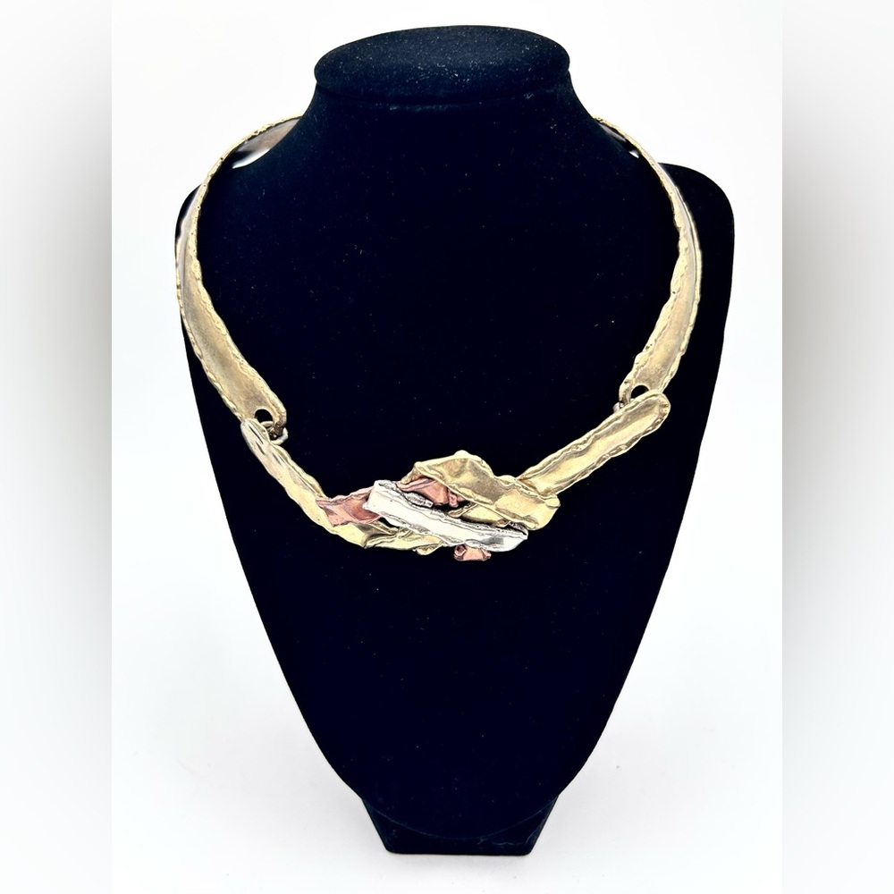 Vintage Mixed Metal Brutalist Collar Necklace Artisan Made Brass Copper Unsigned